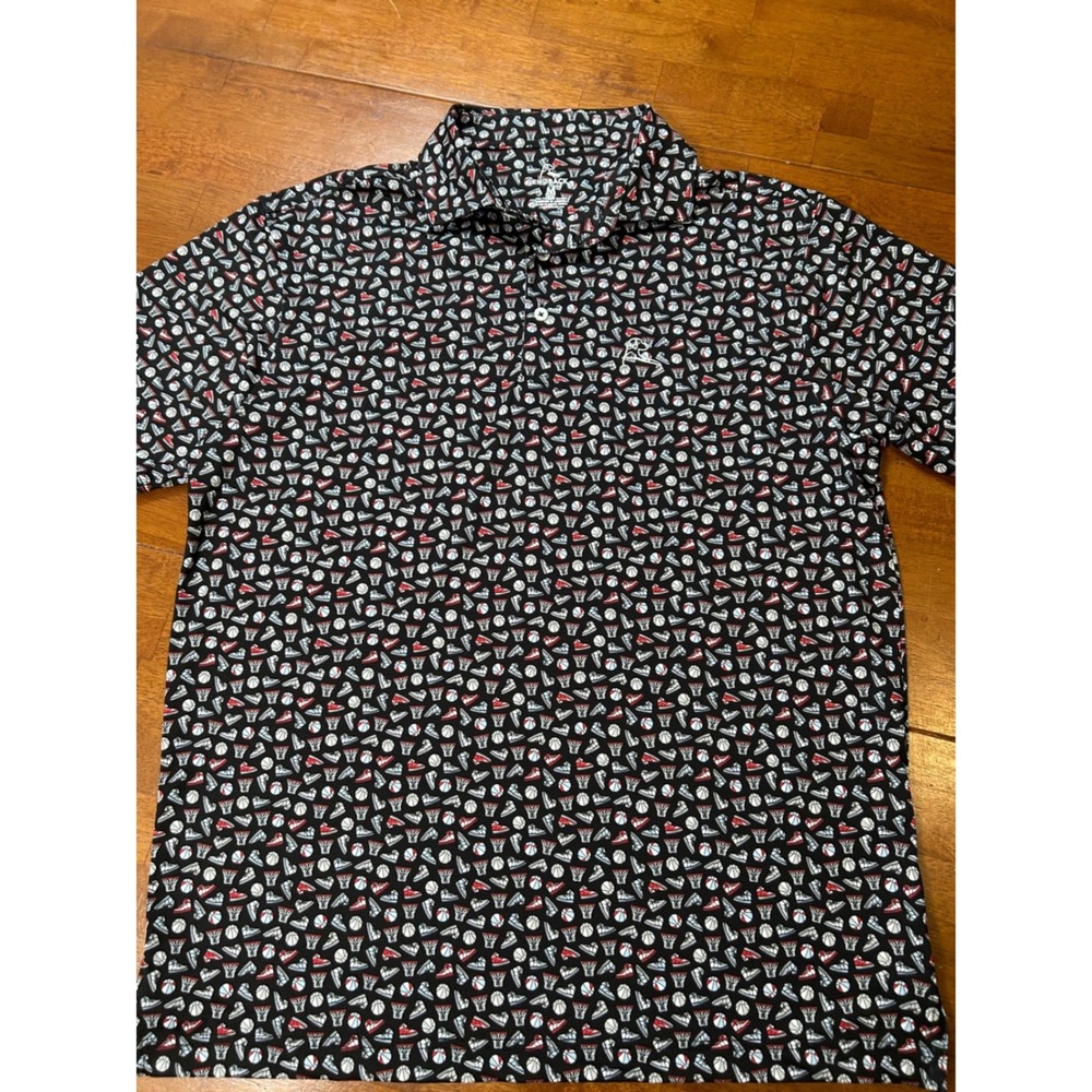 Rhoback Polo Shirt Mens Medium Black Basketball Print Performance Short Sleeve - Picture 4 of 9